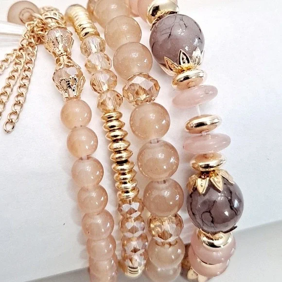 Boho Elastic Beaded gold pink Charm Bracelet Stretch multilayer set 💖2/$30 - Picture 11 of 11